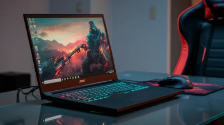 Gaming Laptop placed on table in a room.