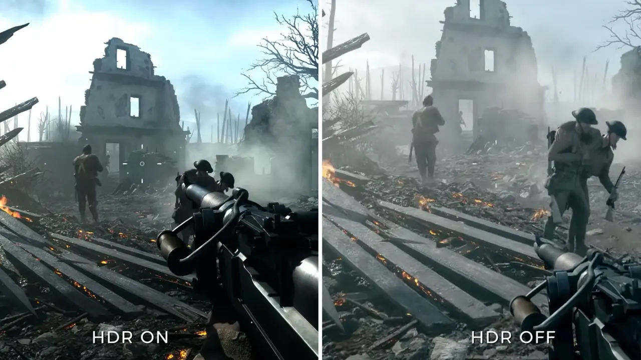 Image of side by side view of gamplay with HDR on & off on gaming monitor.