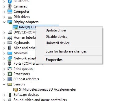Windows 10 Device Manager menu to update display drivers