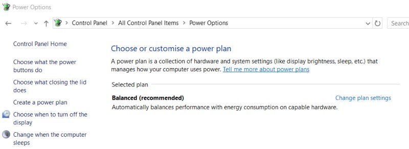 Control panel power options menu