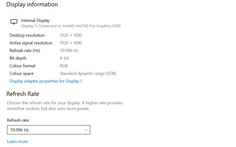 Display refresh rate settings menu