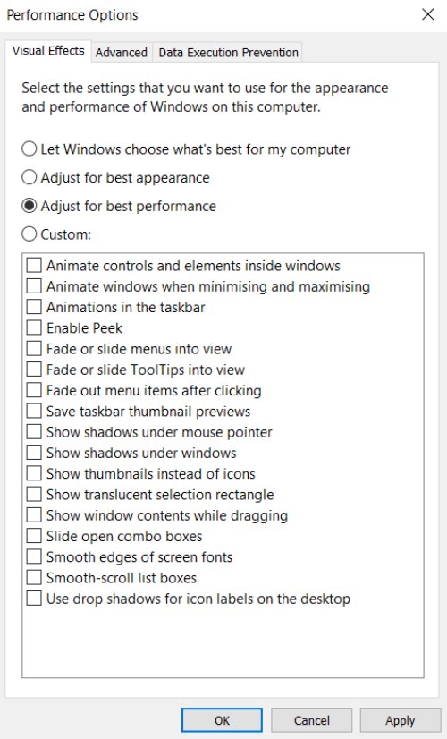 Visual effects disable and performance optimize settings