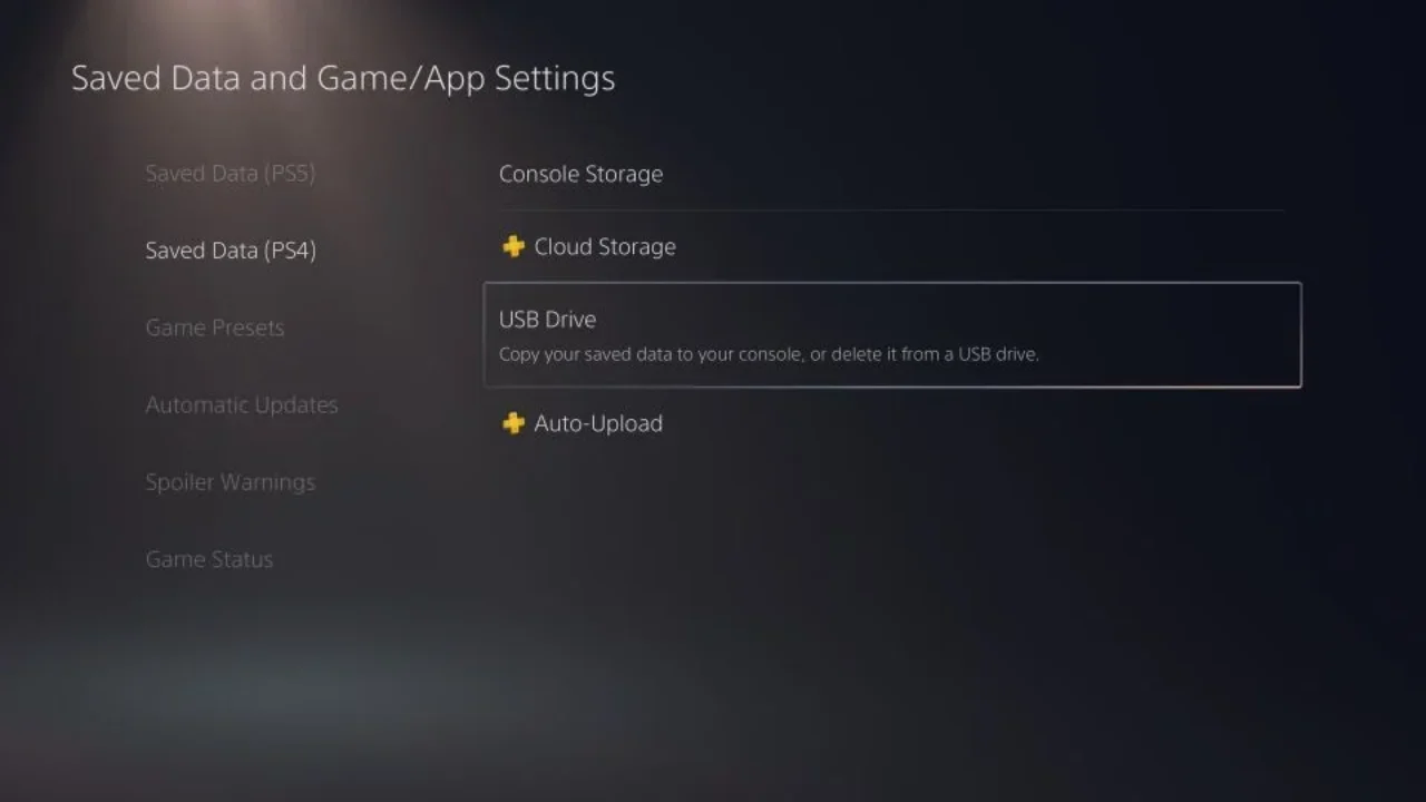USB drive option to tranfer data in PS5 settings.