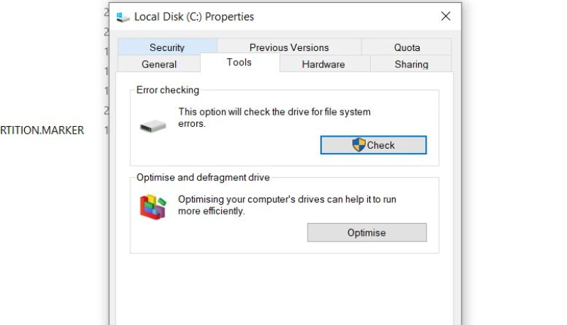 Menu to check disk errors.