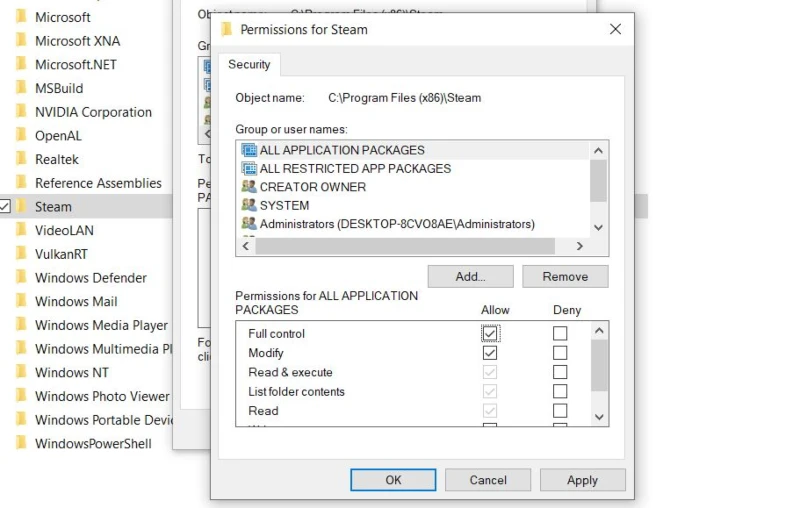 Removed write protection (read-only) from Steam folder properties.