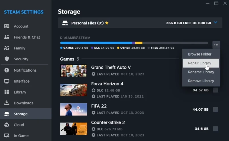 Image showing the menu option to repair Steam library.