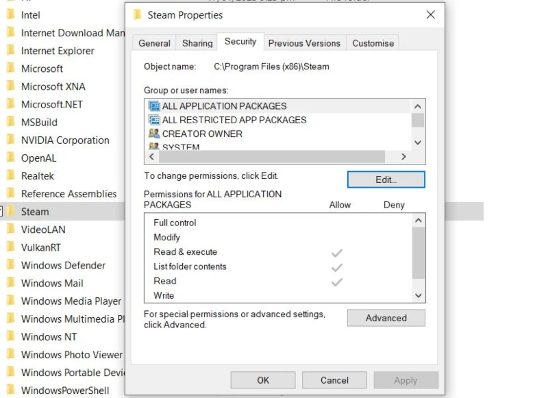 Steam properties menu - in security tab.