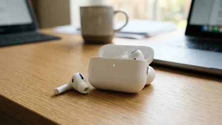 White AirPods Pro on table with charging case.