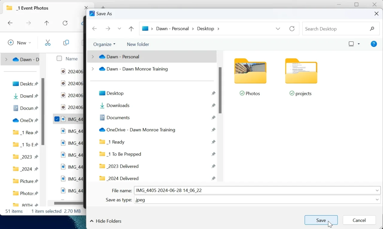 Windows "Save As" file explorer dialog box being used to save an image file as a JPEG.