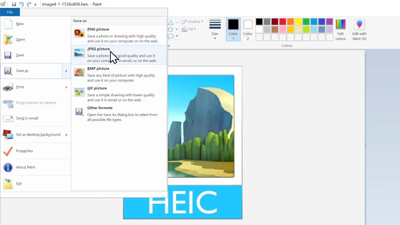 Microsoft Paint file menu showing the "Save as" options to select JPEG format.