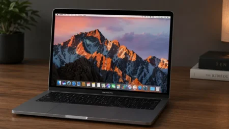 A modern Apple MacBook Pro on a wooden desk next to a coffee cup and design books.