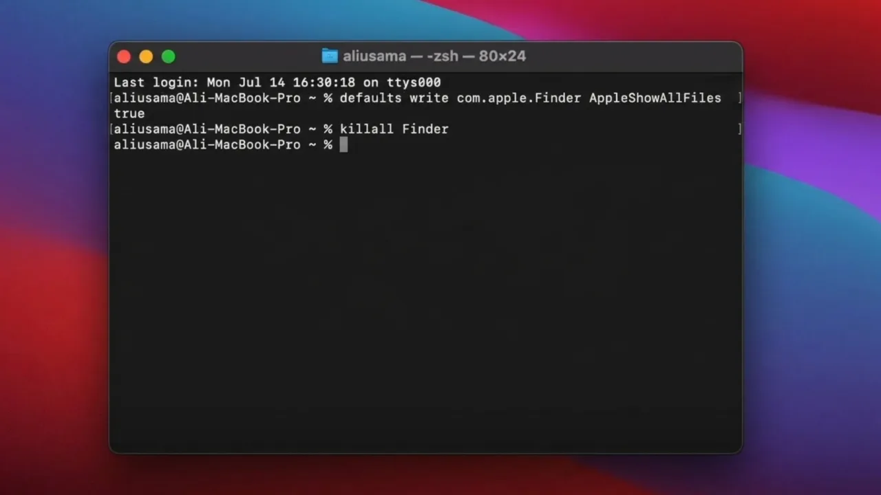 Terminal commands to reveal hidden files on mac.