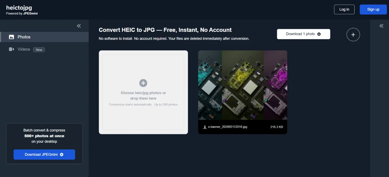 Web interface of an online HEIC to JPG heictojpg.com converter tool.