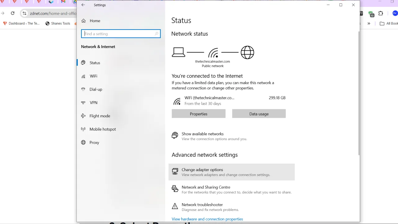Select Change adapter settings in Networks settings on Windows 10.