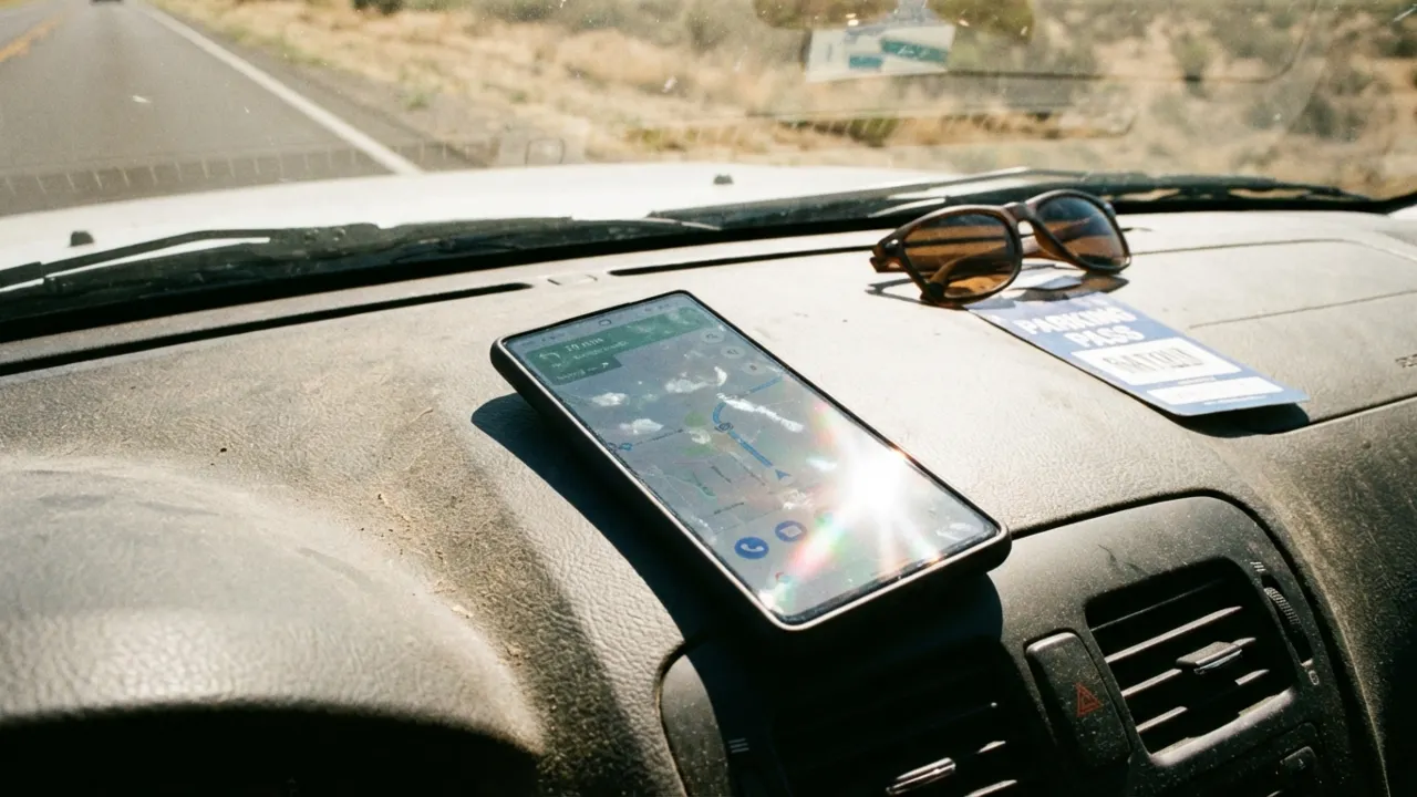 Android phone in direct sunlight on car dashboard.