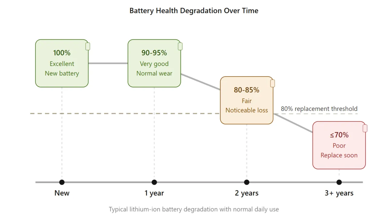 Battery capacity degradation chart showing decline from 100% to 70% over 3 years.