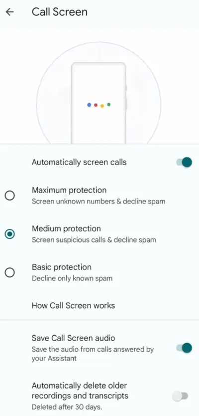 Call Screen menu screen with automatic screen calls enabled.