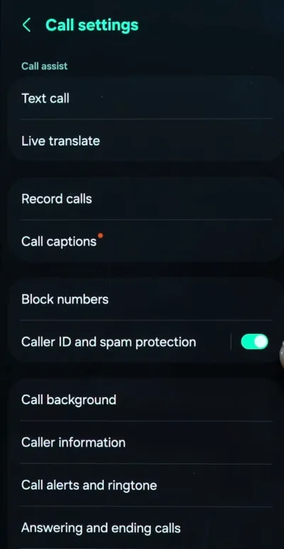 Caller ID and spam protection in Samsung Settings menu.