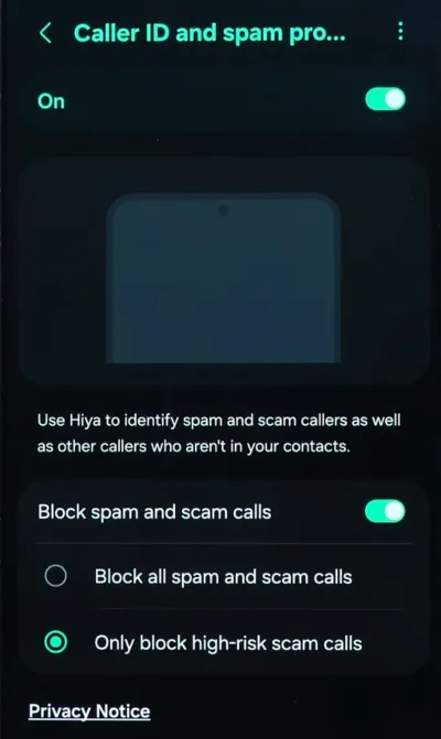 Only block high-risk scam calls selected in Caller ID and spam protection menu.