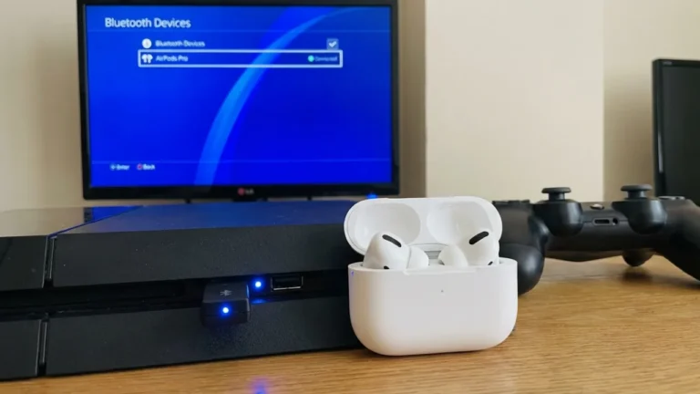 AirPods connected to PS4 using a USB Bluetooth adapter.