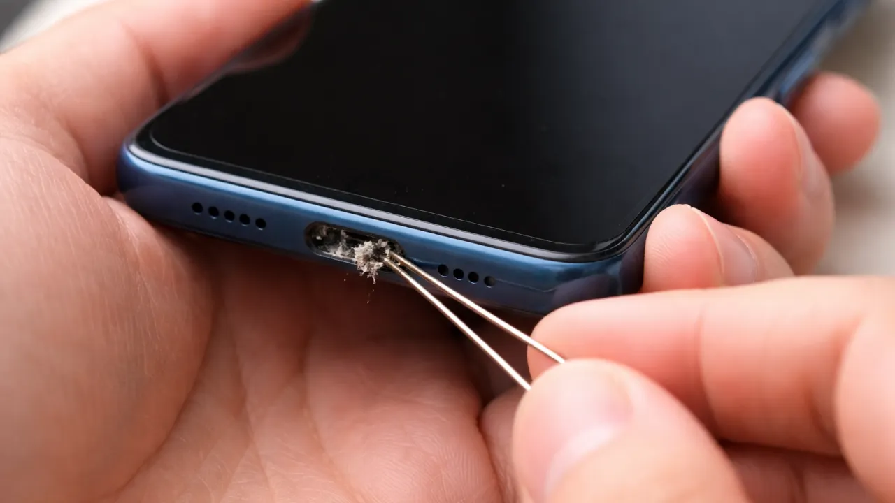 Cleaning smartphone charging port with a paperclip to remove dust and debris.