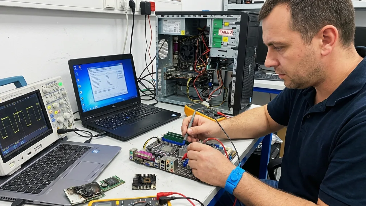 Computer technician with diagnostic tools testing failed PC hardware.
