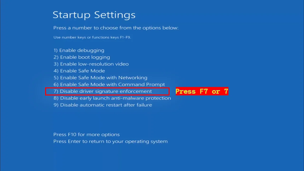 Disable Driver Signature Enforcement highlighted in Startup Settings in Windows 11 boot.