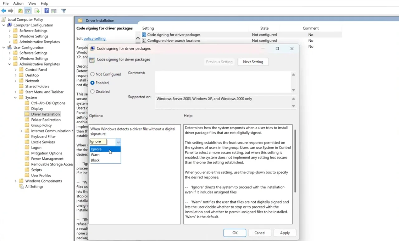 Windows 11 - Local Group Policy Editor screen to disable Driver Signature Enforcement.