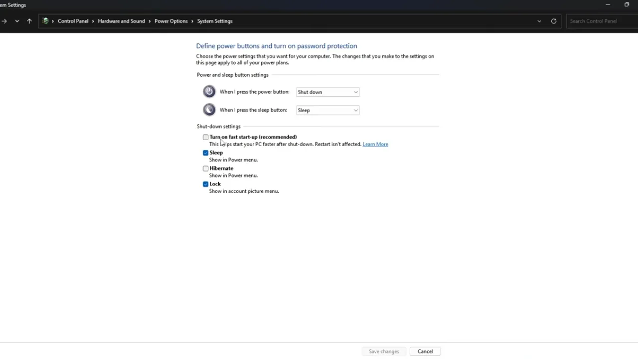 Fast Startup turned off in Windows 11