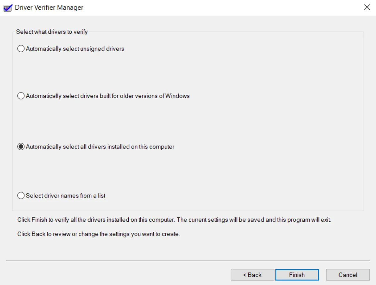 Driver Verifier Manager process screen.
