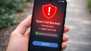 Android phone screen showing spam call being blocked with warning notification.