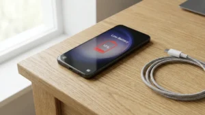 Android phone showing low battery warning with charger cable.