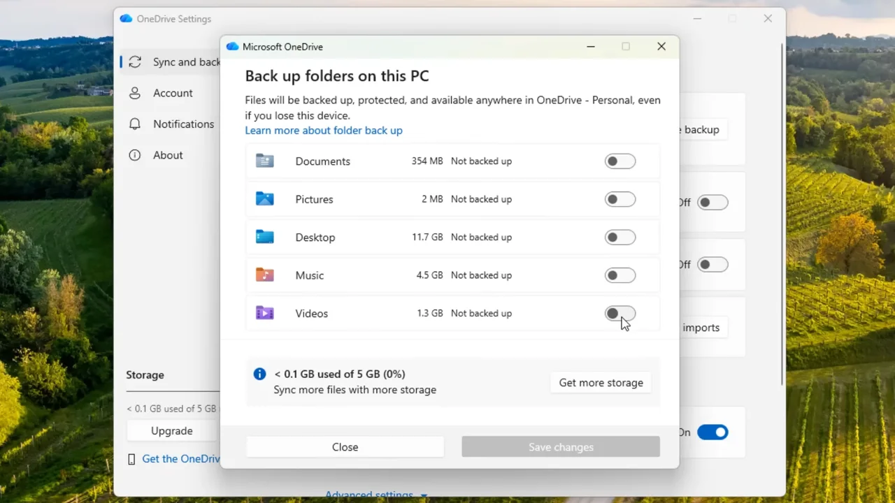 Backup and Sync menu in OneDrive Settings.
