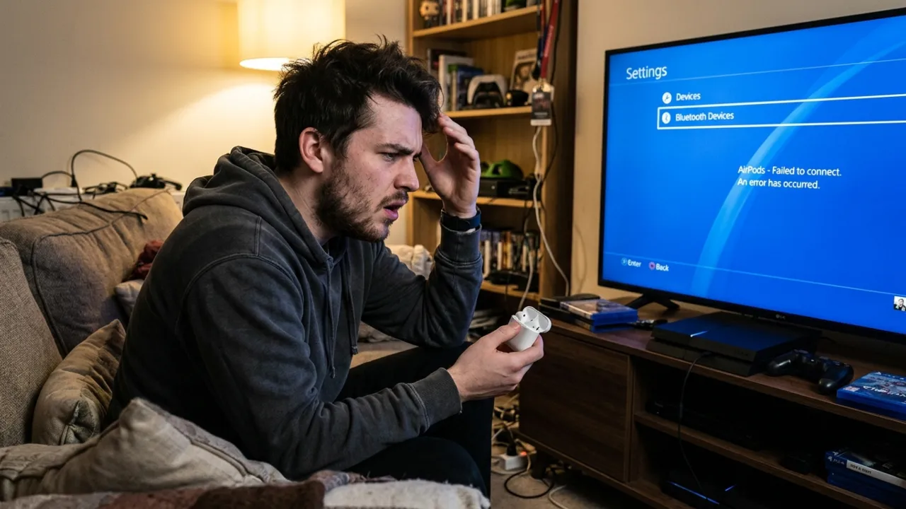 A frustrated person holding AirPods in one hand and looking at a PS4 screen.