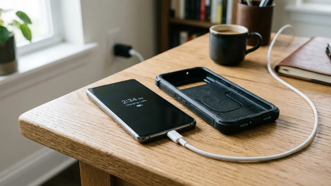 Removed phone case before charging on desk.