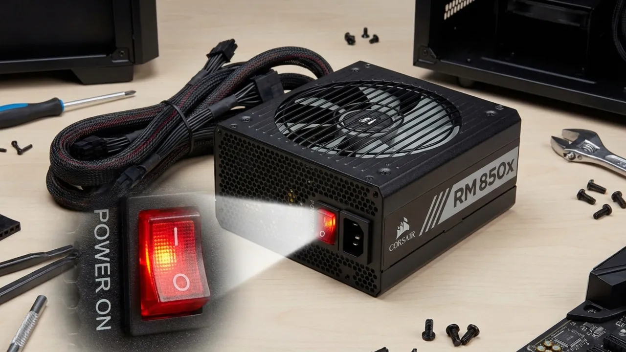 Desktop PC power supply unit with cables and rear power switch highlighted.