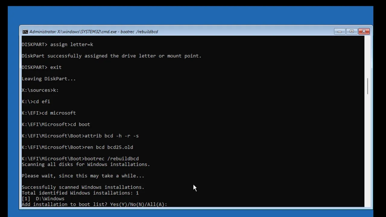 Rebuilding the BCD in Command Prompt - Windows 11