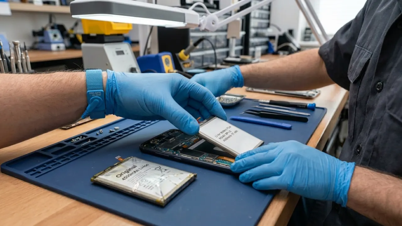 Technician replacing degraded Android phone battery with new one during repair.