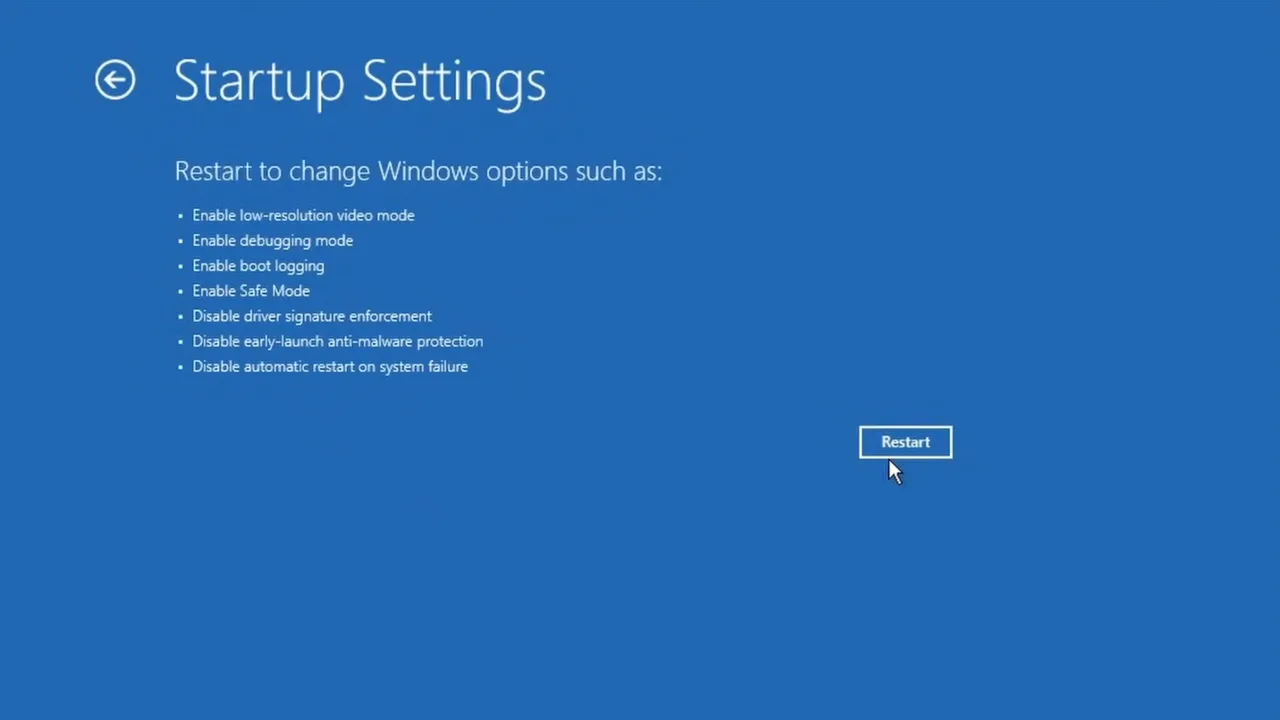 Restart button on Startup Settings on Windows