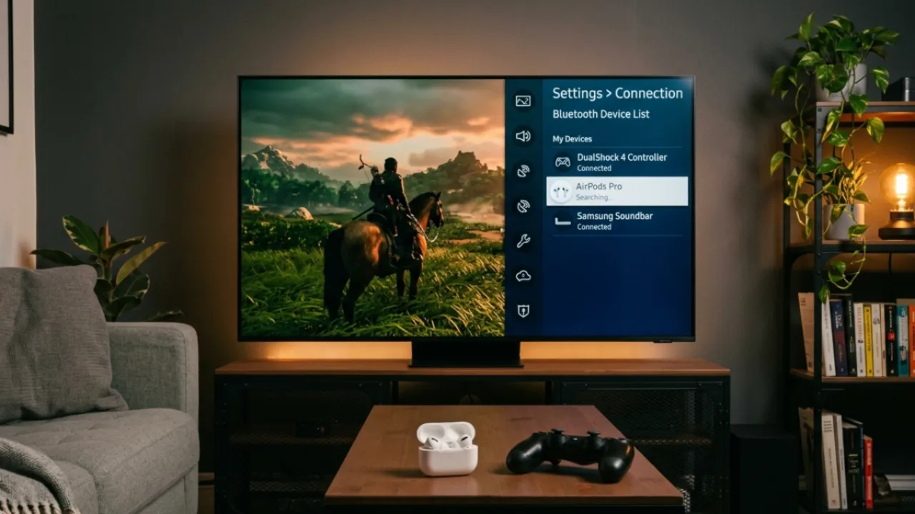 A modern Samsung smart TV displaying a PS4 game on screen, AirPods case open on the TV stand below, Bluetooth settings menu partially visible on the TV.