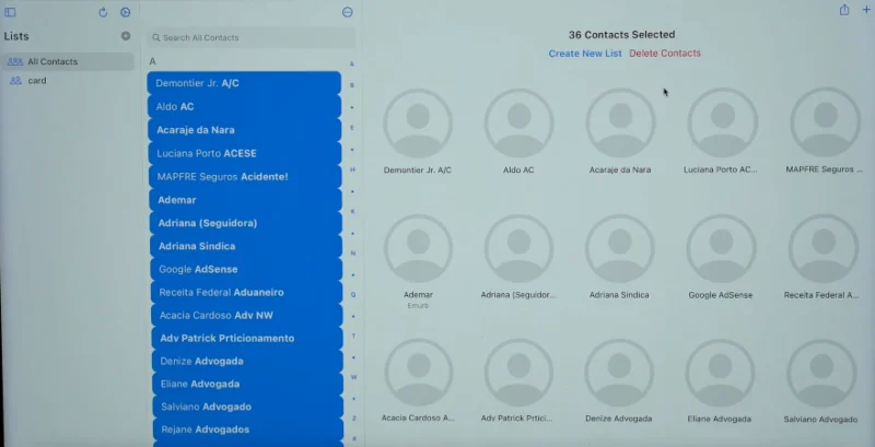 Screen showing bulk contacts selection and Delete option at their top on iCloud.