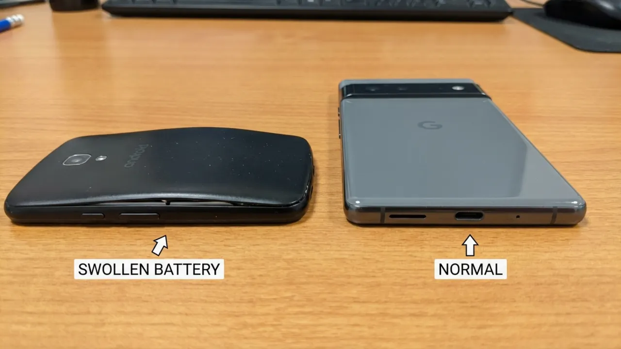 Swollen Android phone battery causing bulging back cover versus normal phone.