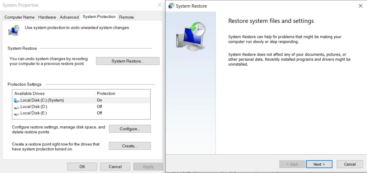 System Restore menus image