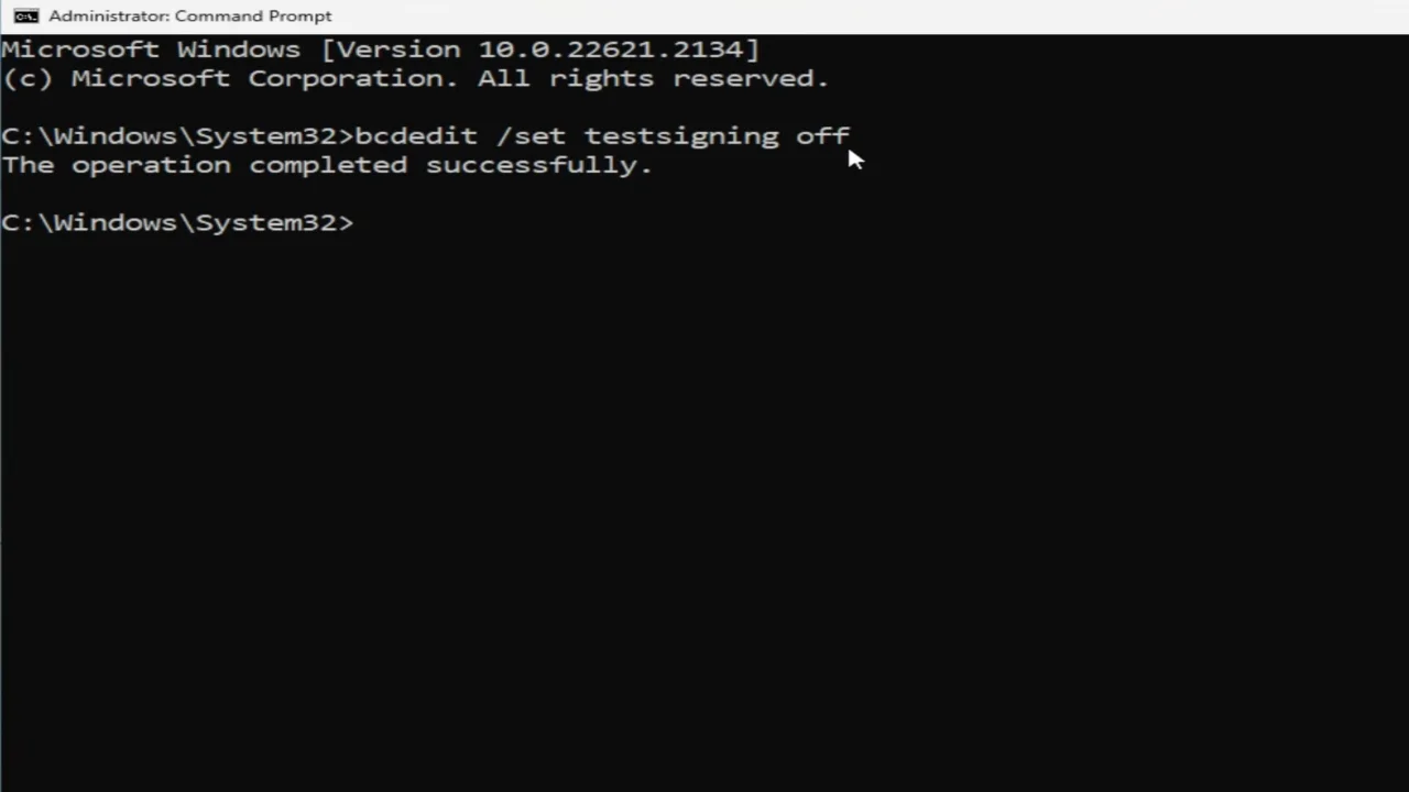 Test Mode Command to Turn Off Driver Signature Enforcement via Command Prompt.
