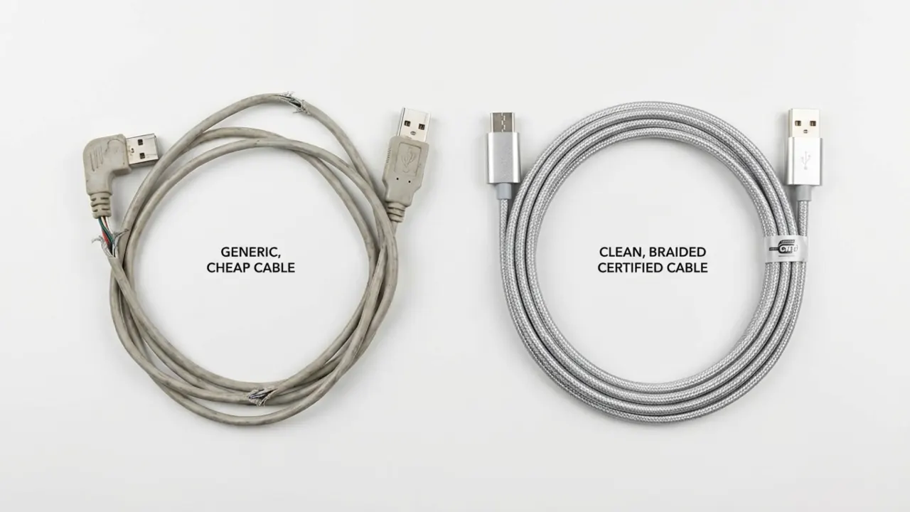 Frayed cheap USB cable compared to certified charging cable.