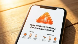 Smartphone displaying temperature warning with heat waves illustration showing phone overheating causes and solutions.