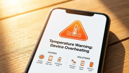Smartphone displaying temperature warning with heat waves illustration showing phone overheating causes and solutions.