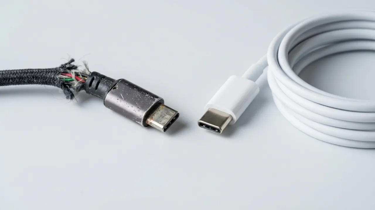 Worn out USB-C charging cable with frayed edges and bent connector next to a new cable.
