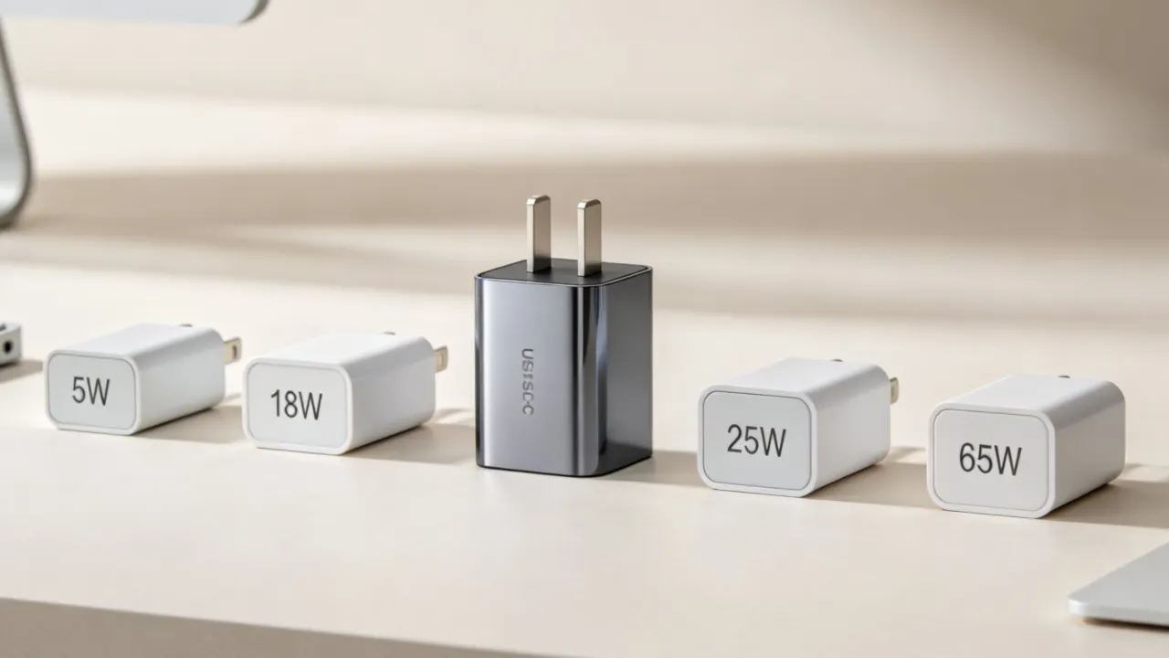 different phone chargers lined up with wattage labels 5W 18W 25W 65W, modern USB-C fast charger highlighted, minimal desk setup.