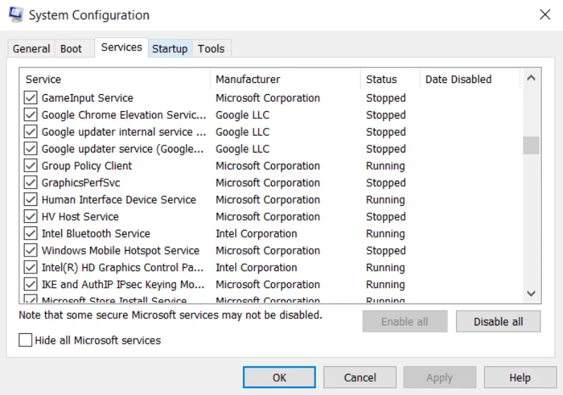 Pop-up menu to disable all microsoft services.